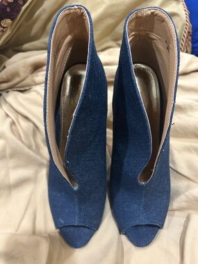 Denim Peep-Toe Heeled Booties - Blue